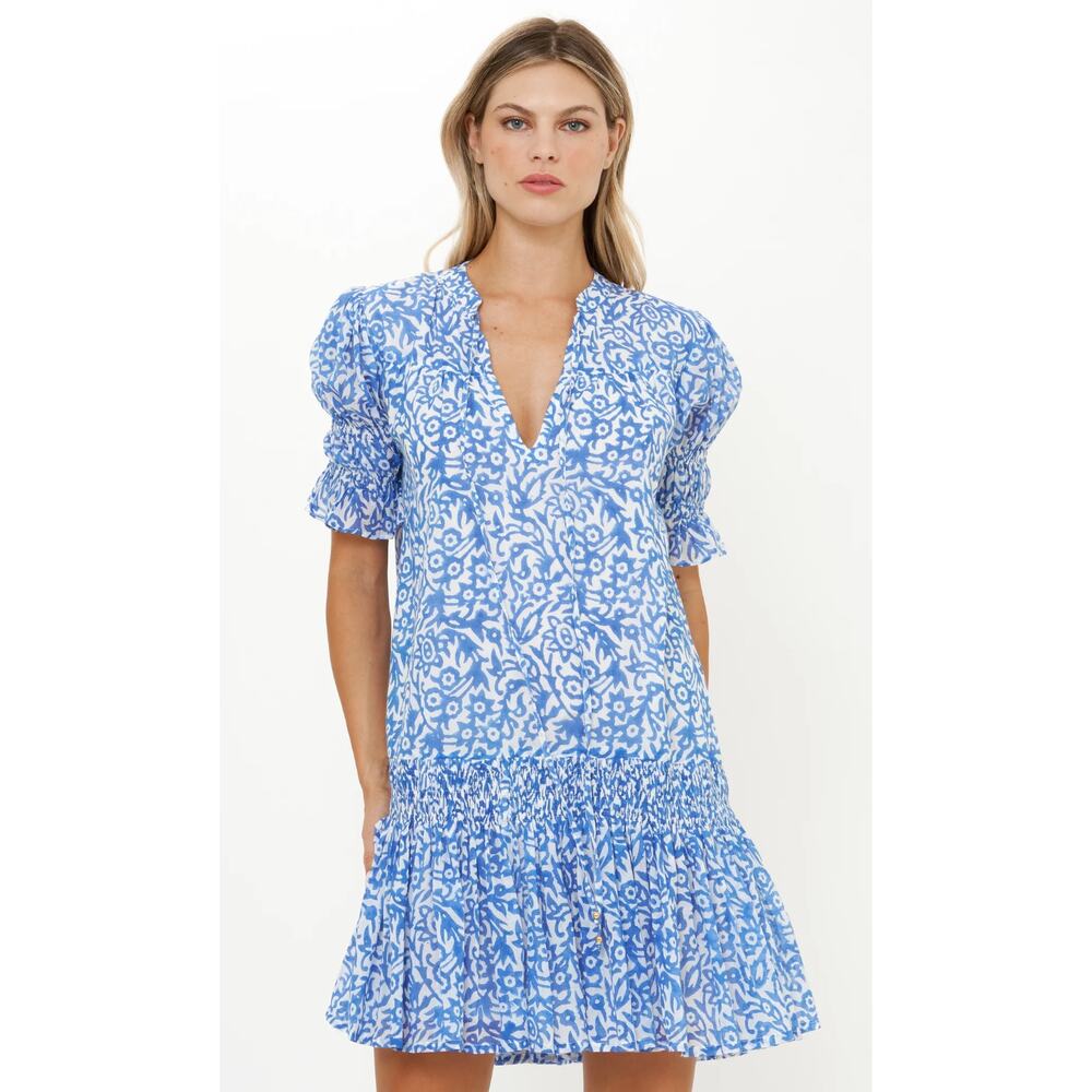 OLIPHANT Tuckernuck Smocked Drop Waist Mini Dress Cypress Blue Print S - Picture 4 of 10